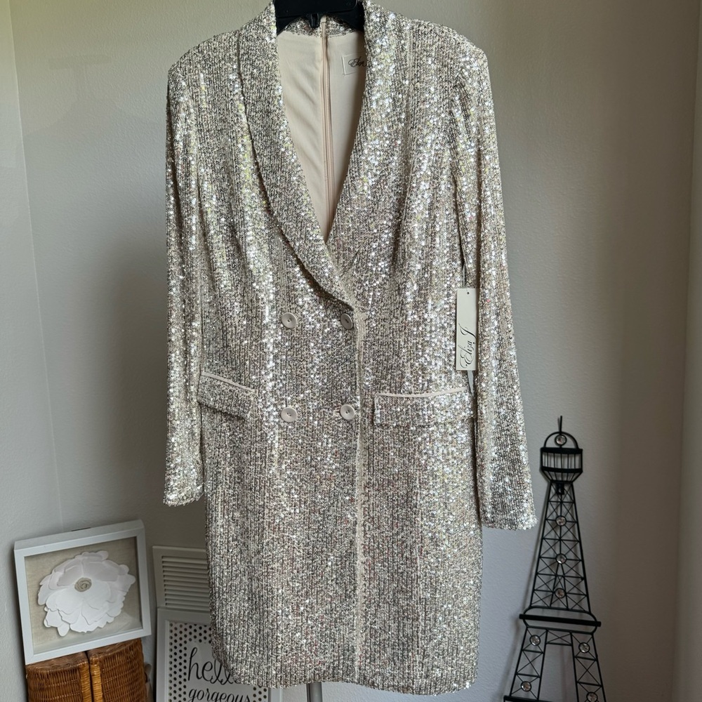 NWT Eliza J Long Sleeve V-Neck Sequin Sheath Dress Sz 6